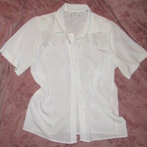 Kathy Che White Western Beaded Button Up Short Sleeve Blouse